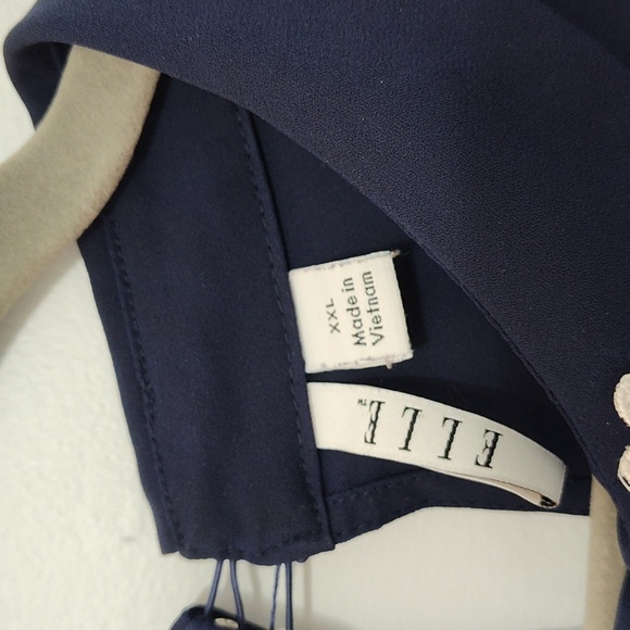 Elle Blouse XXL Cap Sleeve Casual Spring Sheer Embellished Collar Navy Blue - Picture 2 of 12